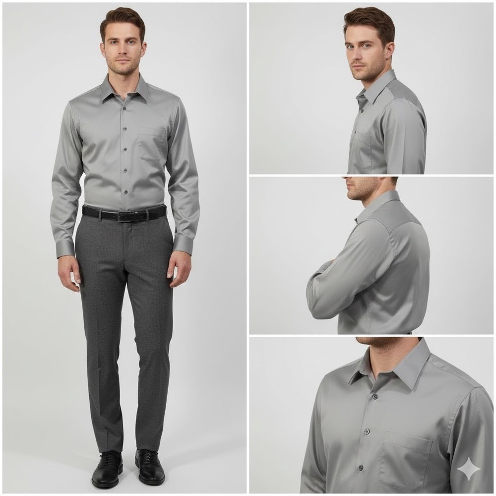 Mens Gray Button Up Dress Shirt‎ Size L 17-35 Long Sleeve Pocket Business Casual